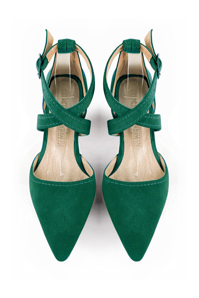 Women's emerald green open side dress shoes, with crossed straps. Tapered toe. Low flare heels - Top view